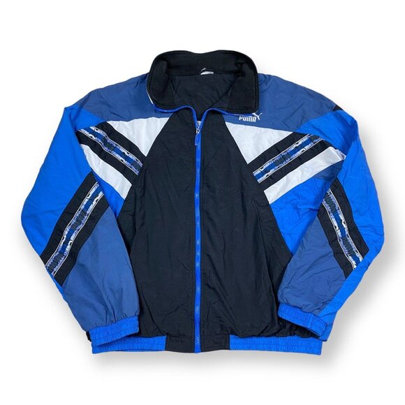 Vintage 90s Puma Sports Nylon Tracksuit Top Jacket Athletic Stripes Colorblock - Picture 1 of 7